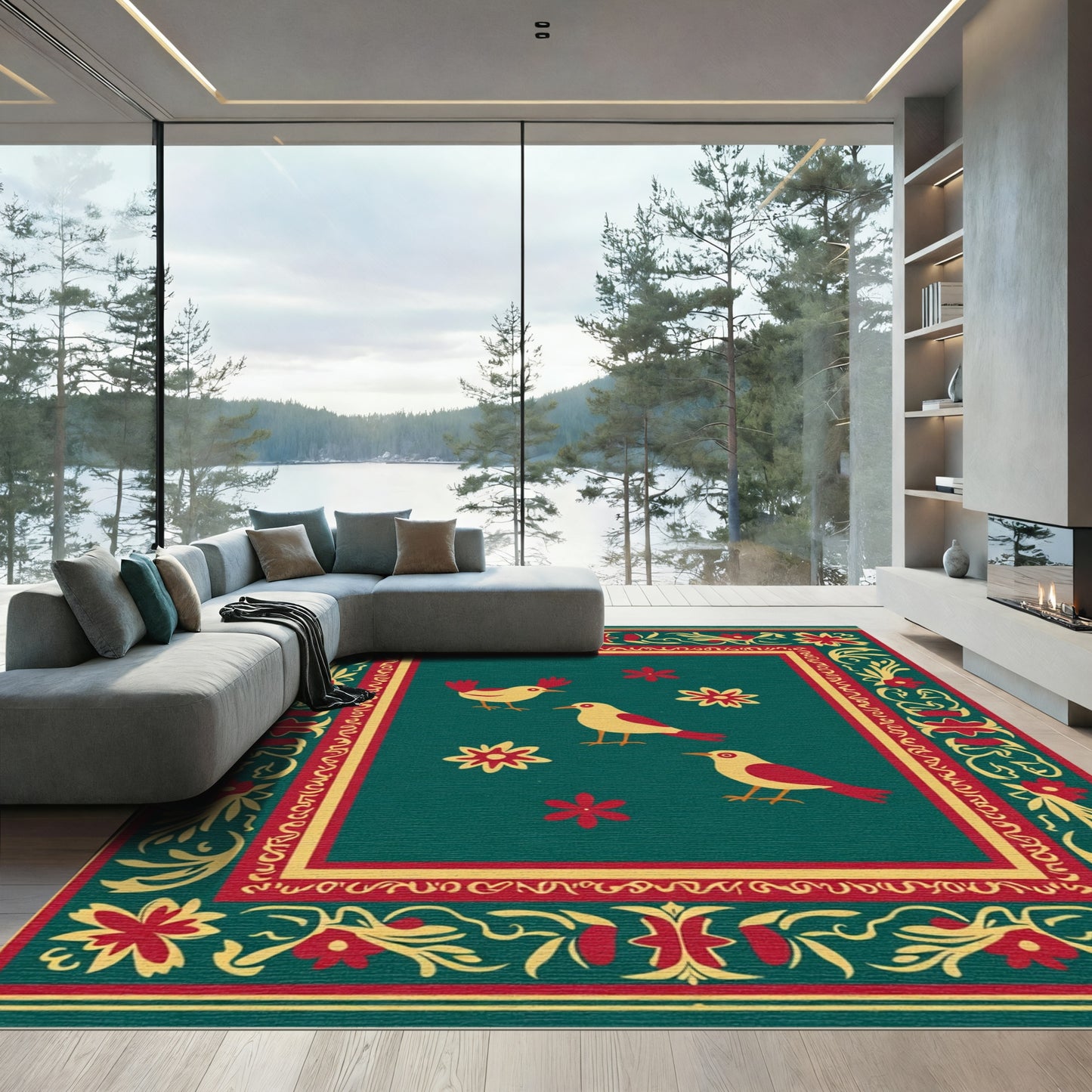 Golden Yellow Birds Red Floral Border Rug