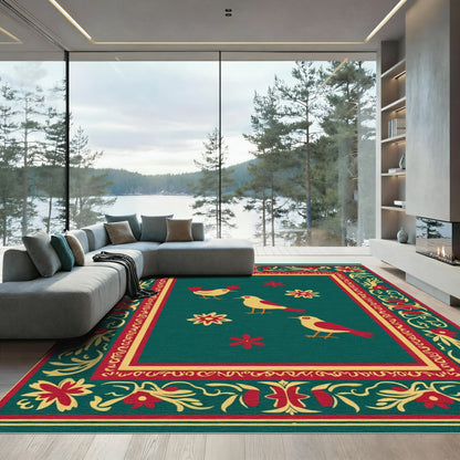 Golden Yellow Birds Red Floral Border Rug