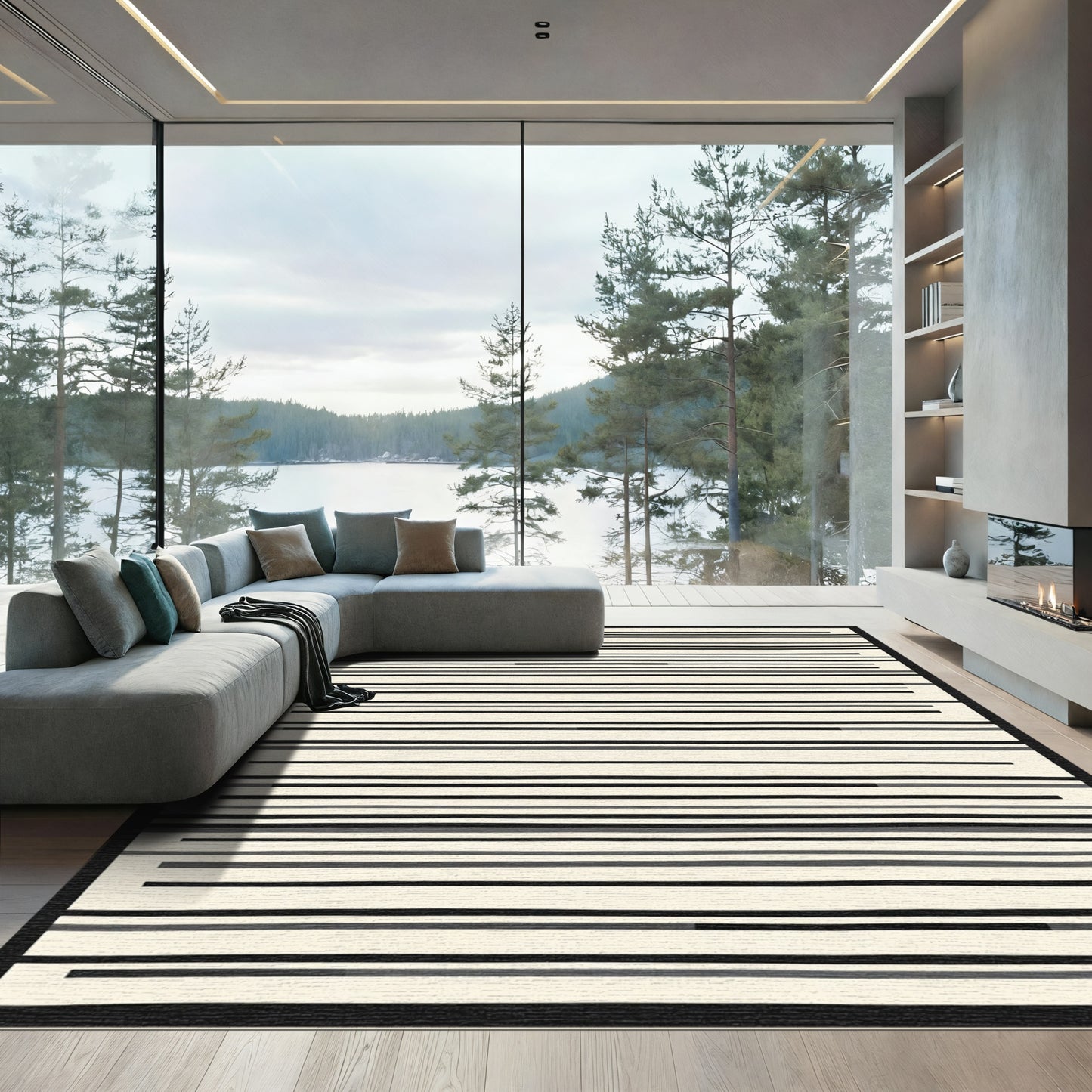 Cream Black Gray Linear Harmony Rug