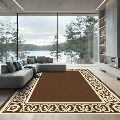 Cream and Brown Floral Scroll Border Rug