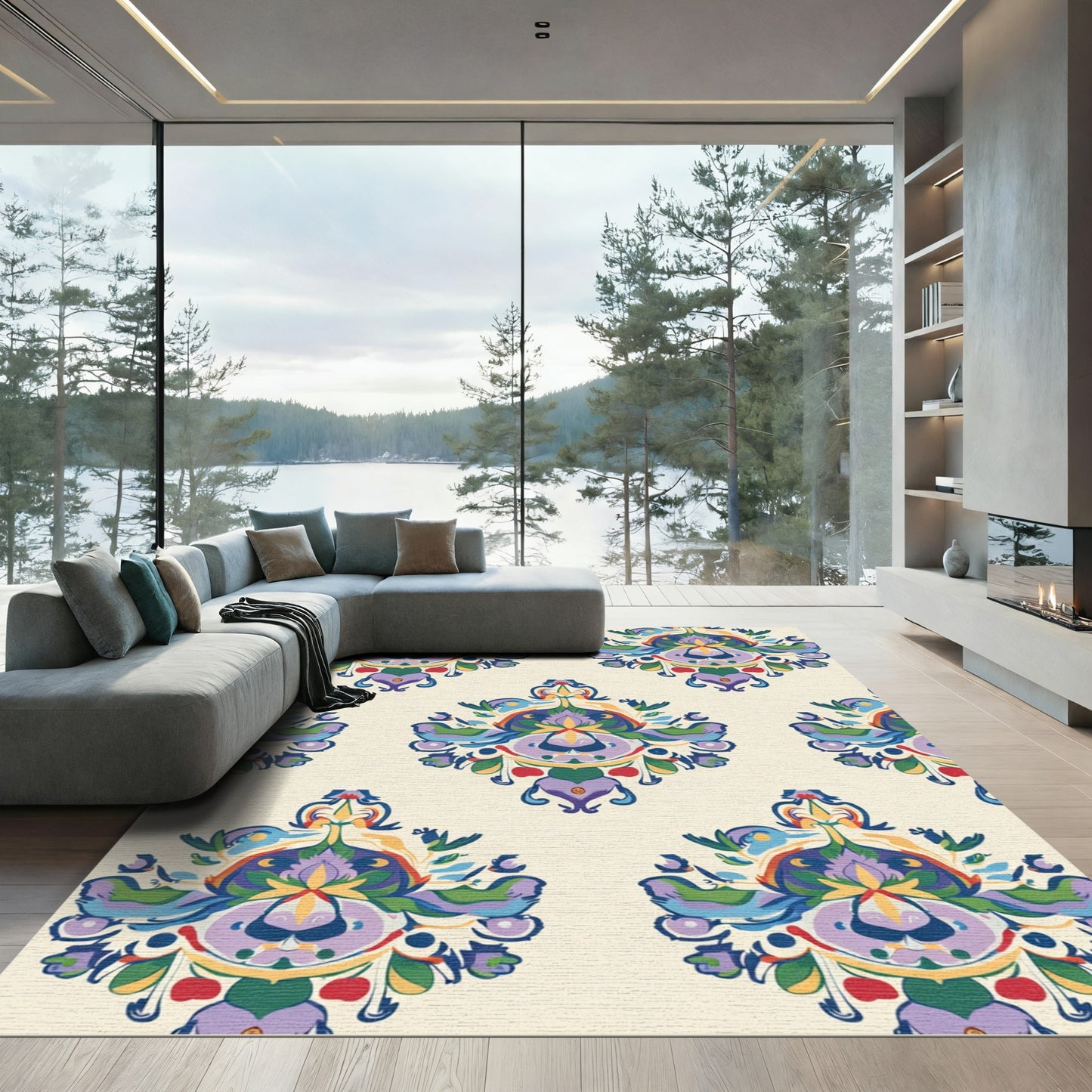 Whimsical Purple Yellow Floral Medallion Rug