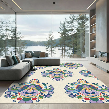 Whimsical Purple Yellow Floral Medallion Rug