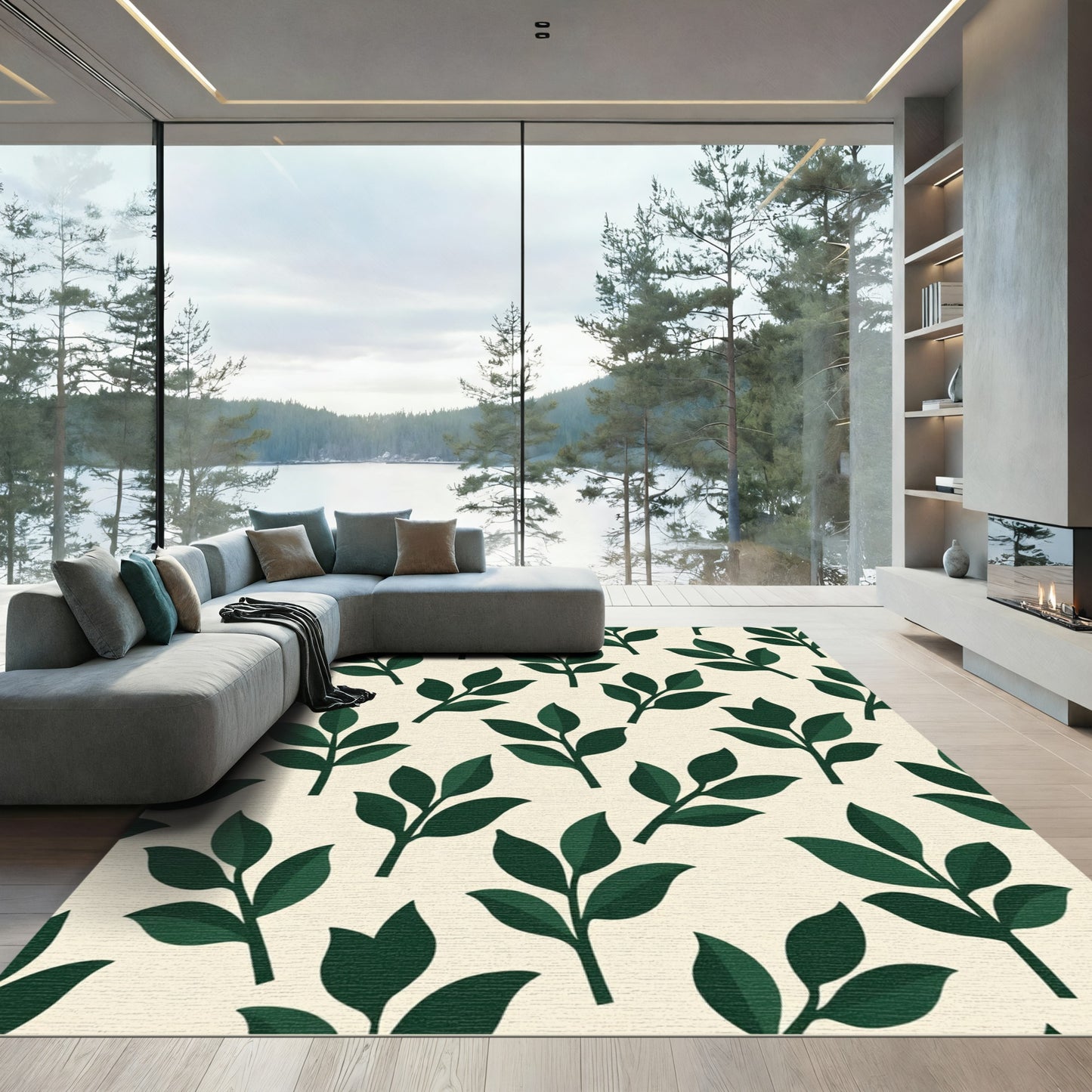 Deep Green Leafy Branches Ivory Rug
