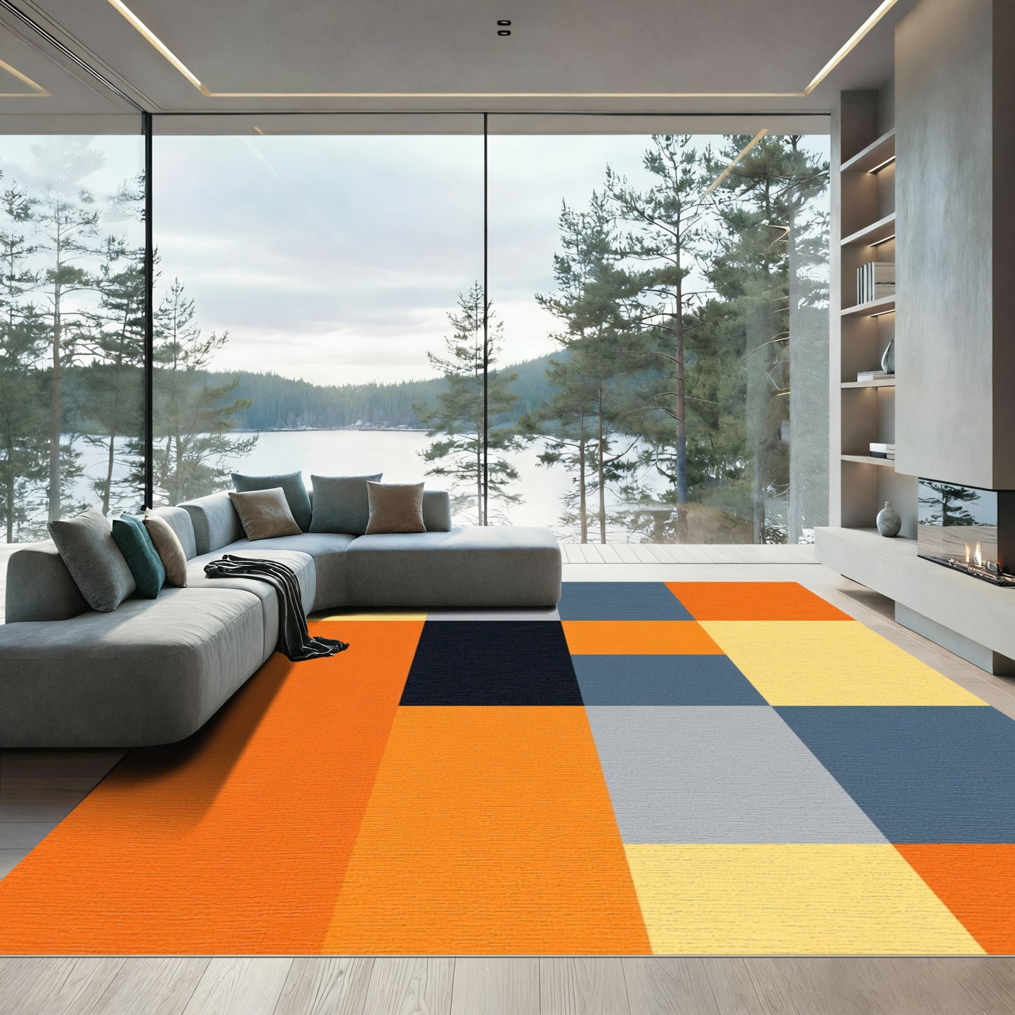 Warm Orange Blue Geometric Blocks Rug