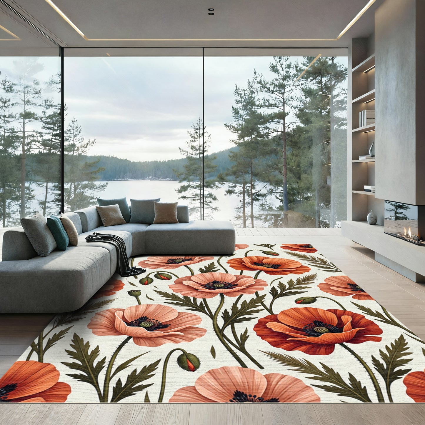 Orange Pink Poppy Floral Meadow Rug