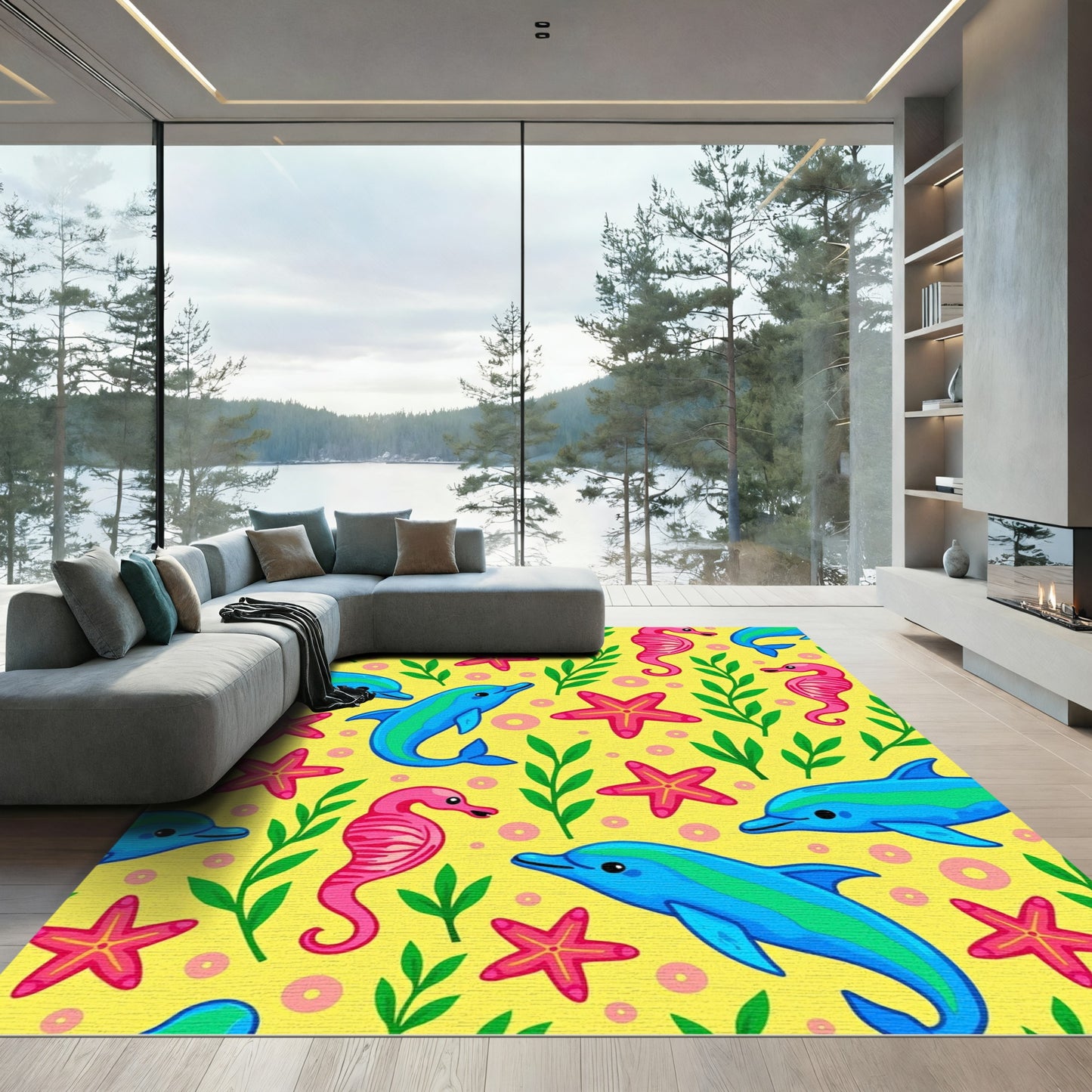 Joyful Blue Dolphins Pink Seahorses Yellow Rug