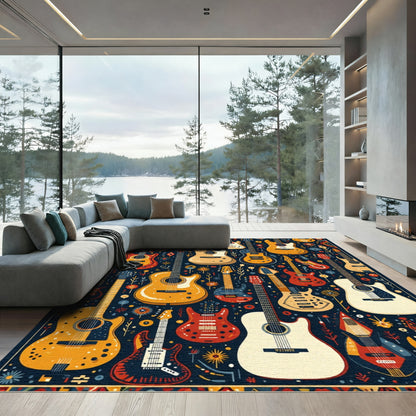 Retro Guitar Collage Navy Blue Rug