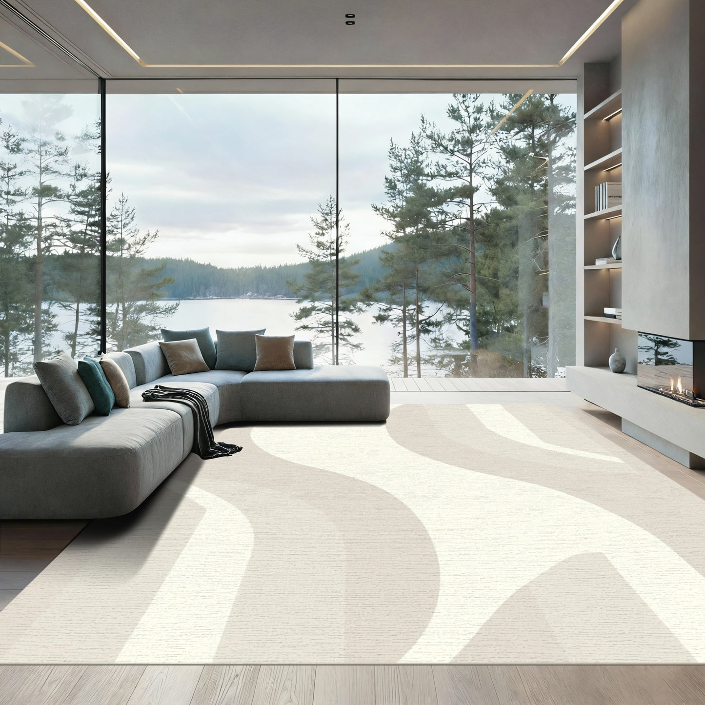 Soft Beige Abstract Swirl Ribbons Rug