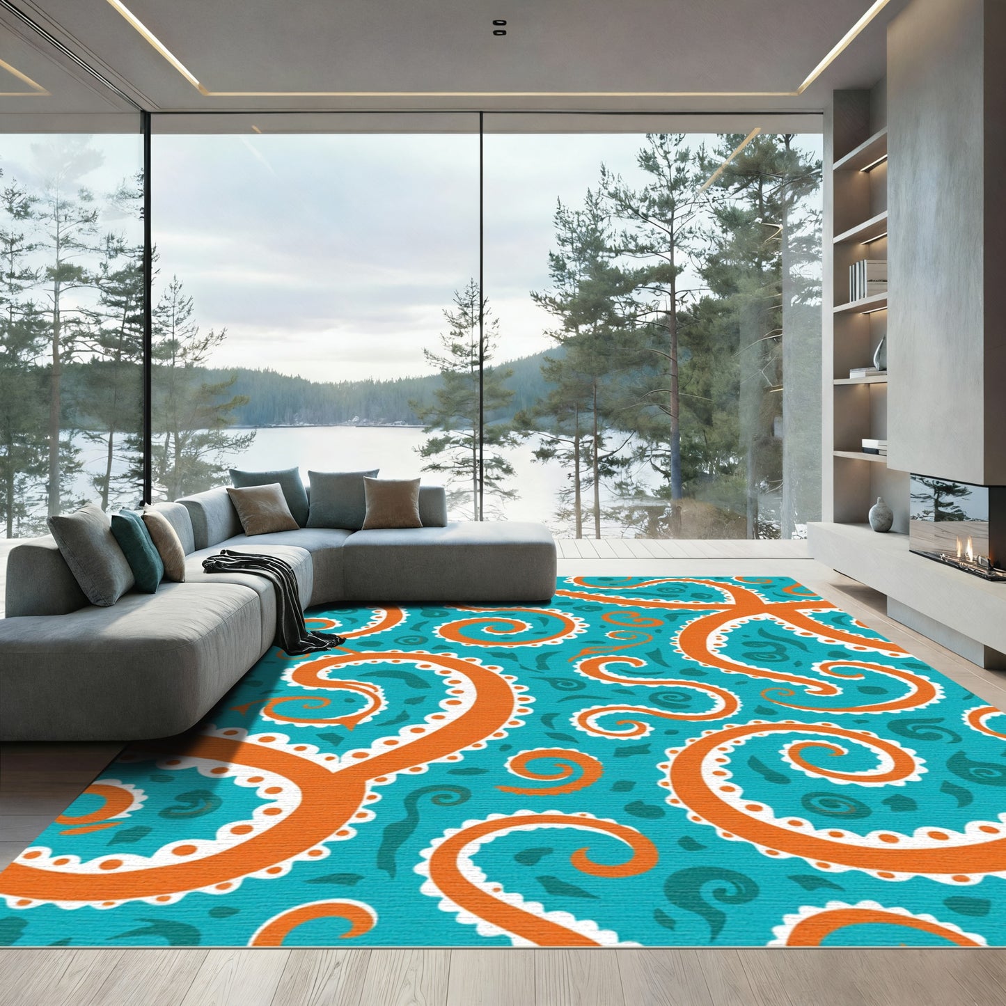 Orange Tentacle Swirl Aqua Rug