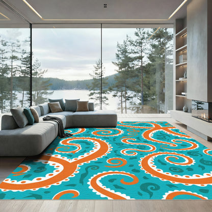 Orange Tentacle Swirl Aqua Rug