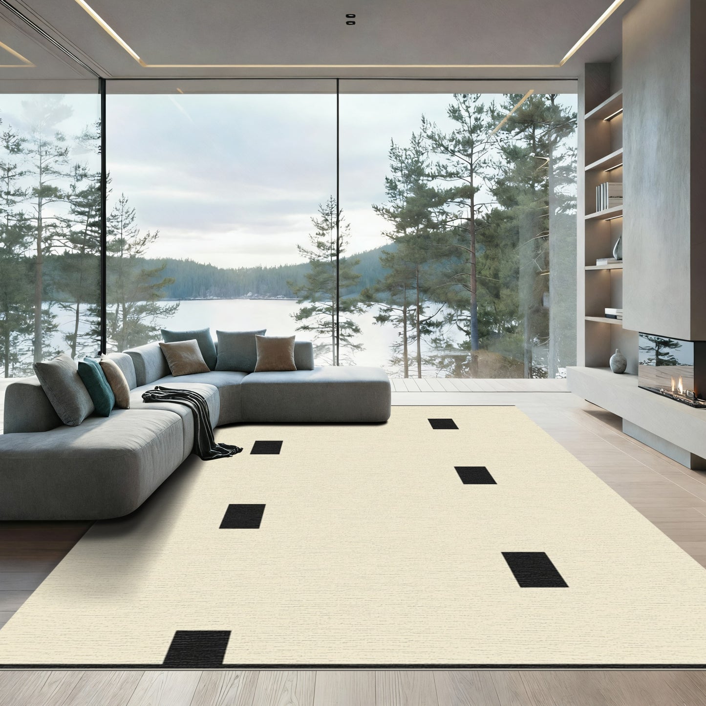 Minimalist Rectangles Cream And Black Rug