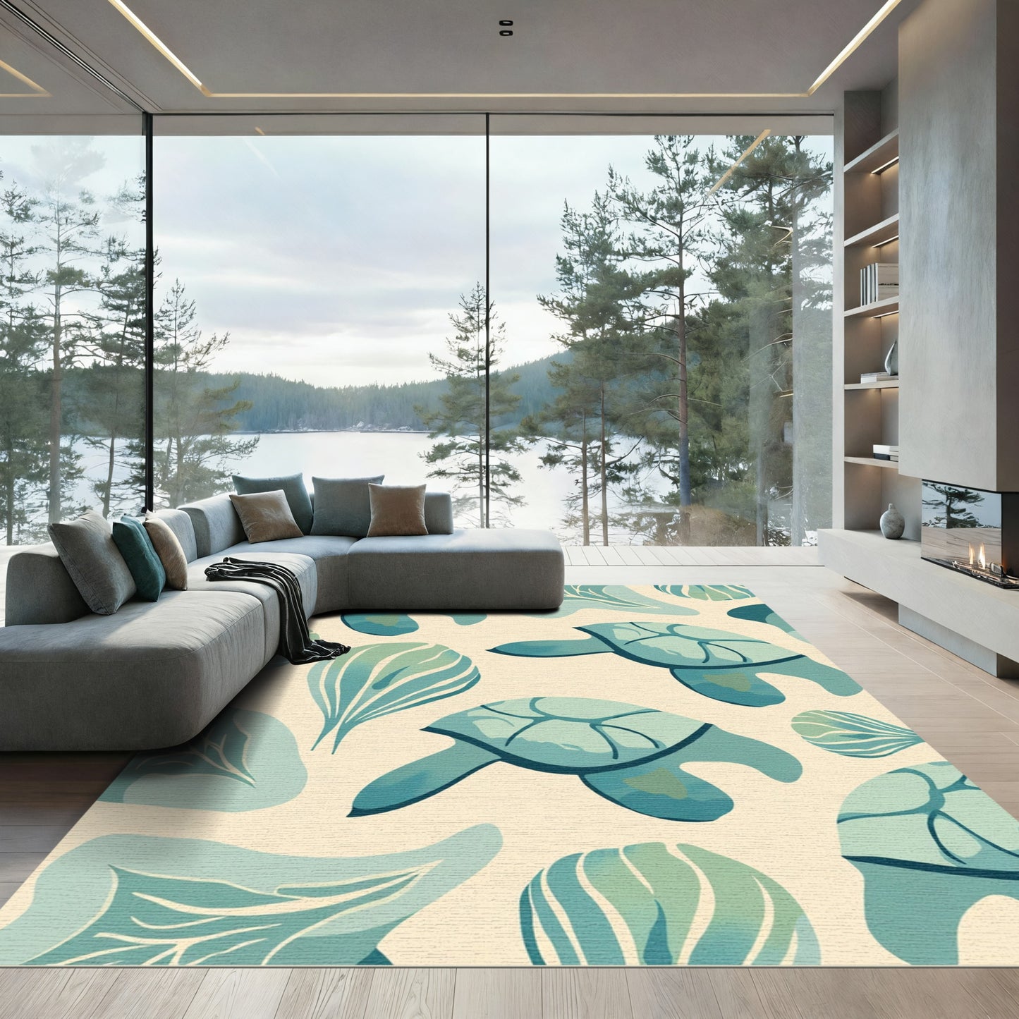 Teal Sea Turtle Watercolor Illustration Rug