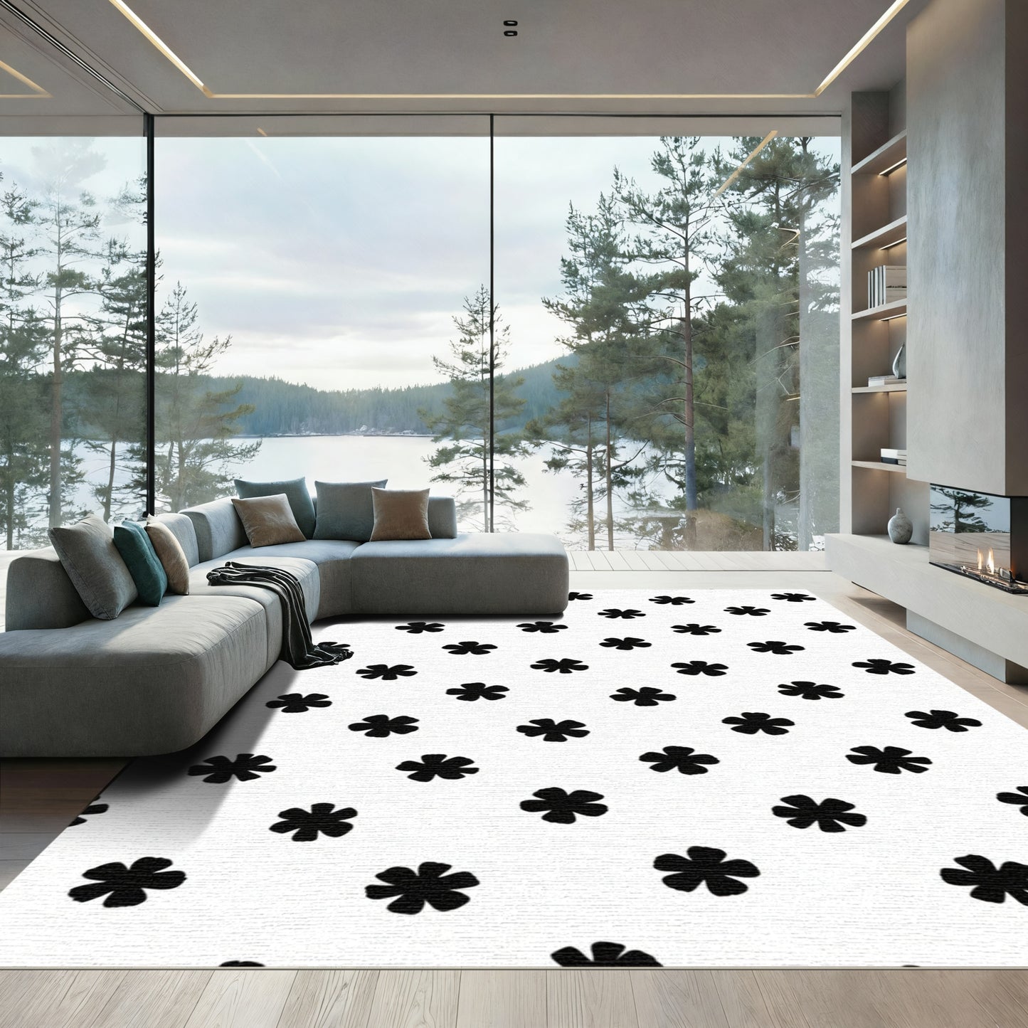 Black White Floral Cluster Rug