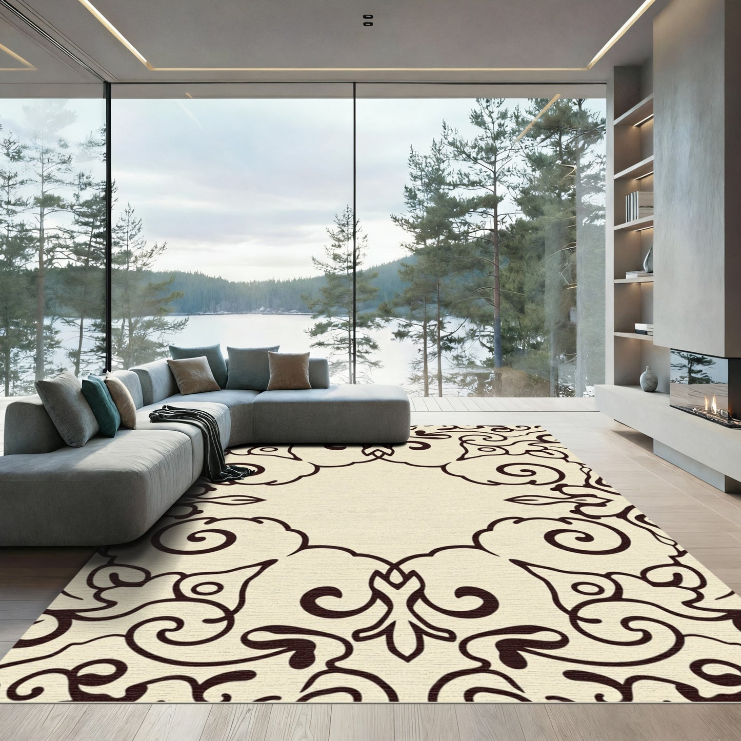 Cream Brown Ornate Scrollwork Frame Rug