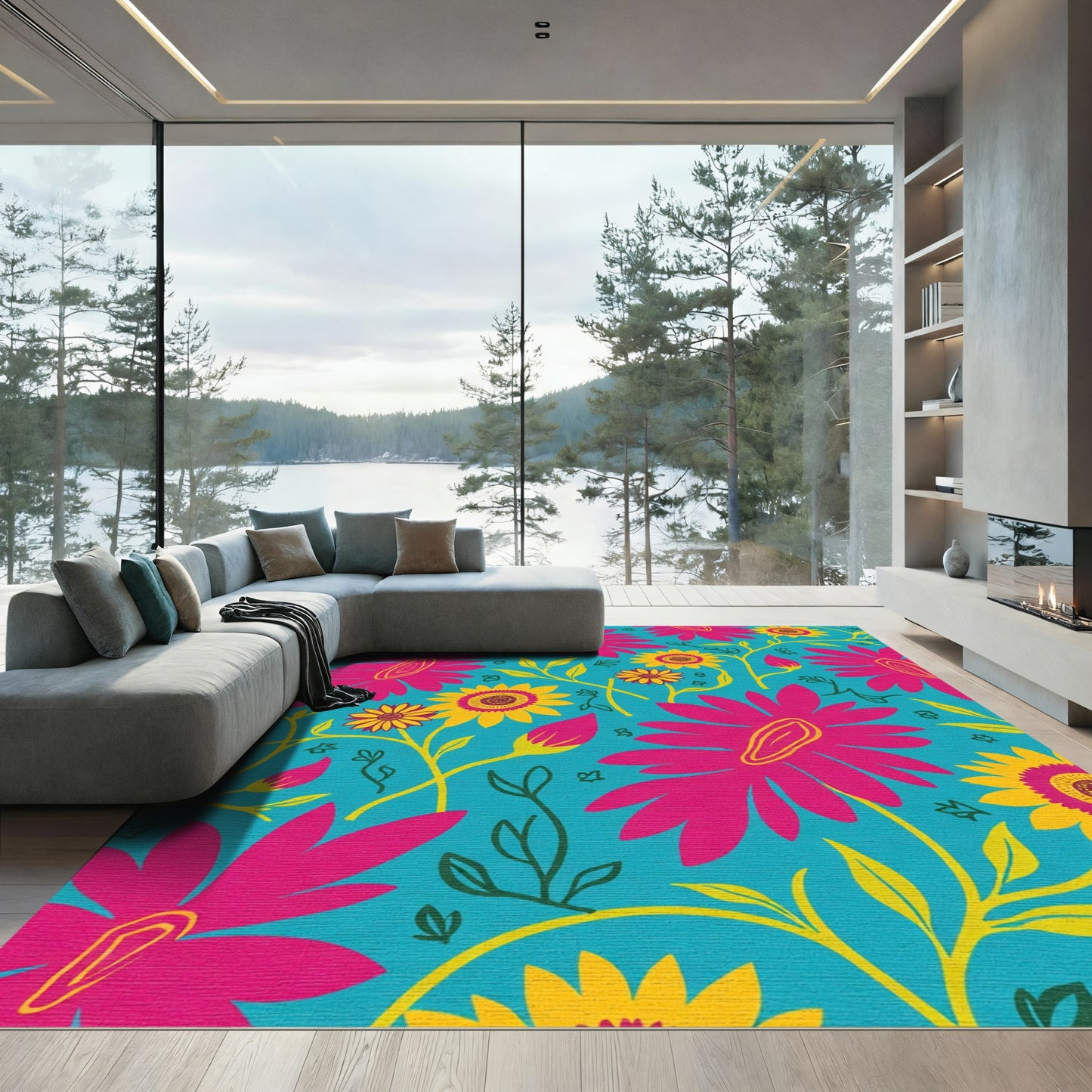 Vibrant Pink Yellow Floral Bloom Rug