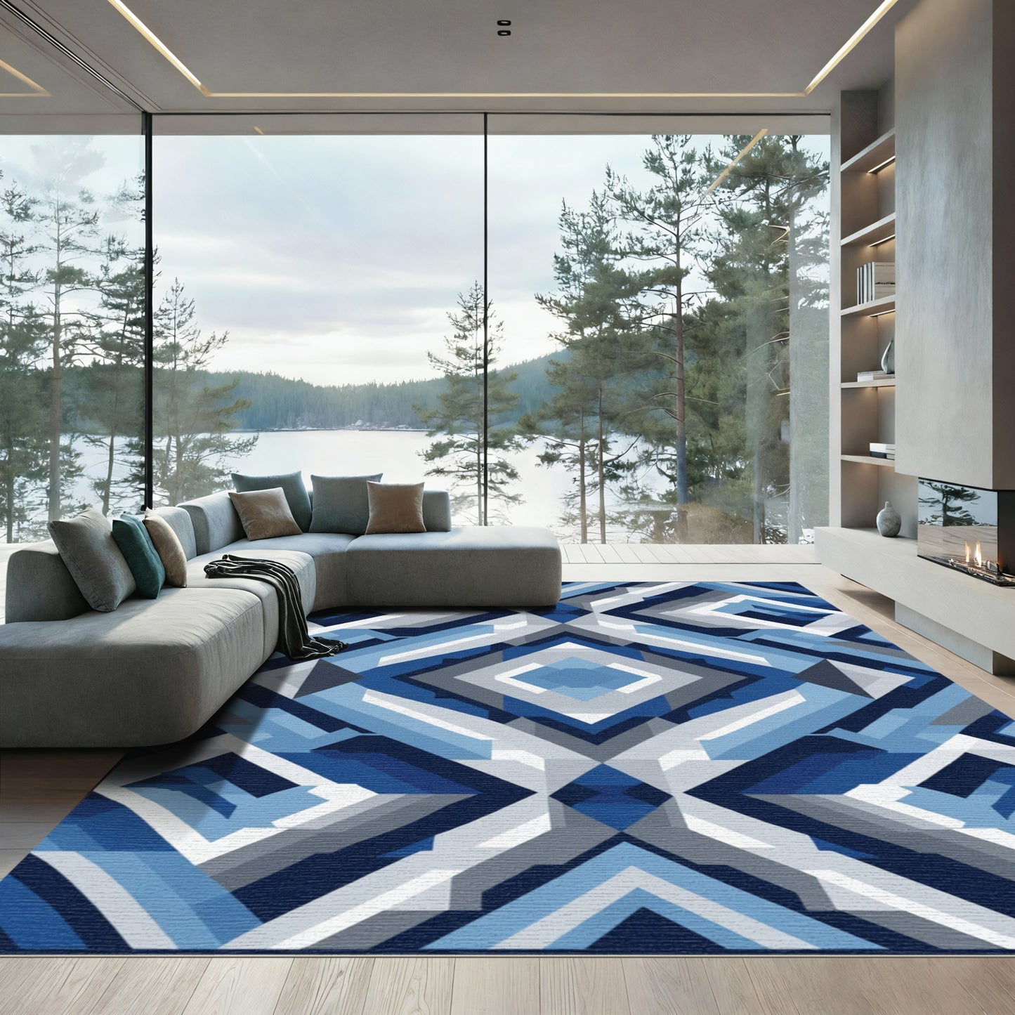Geometric Blue Diamond Abstract Rendering Rug