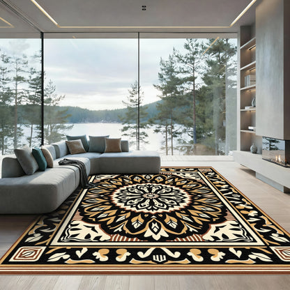 Vibrant Black Golden Medallion Border Rug