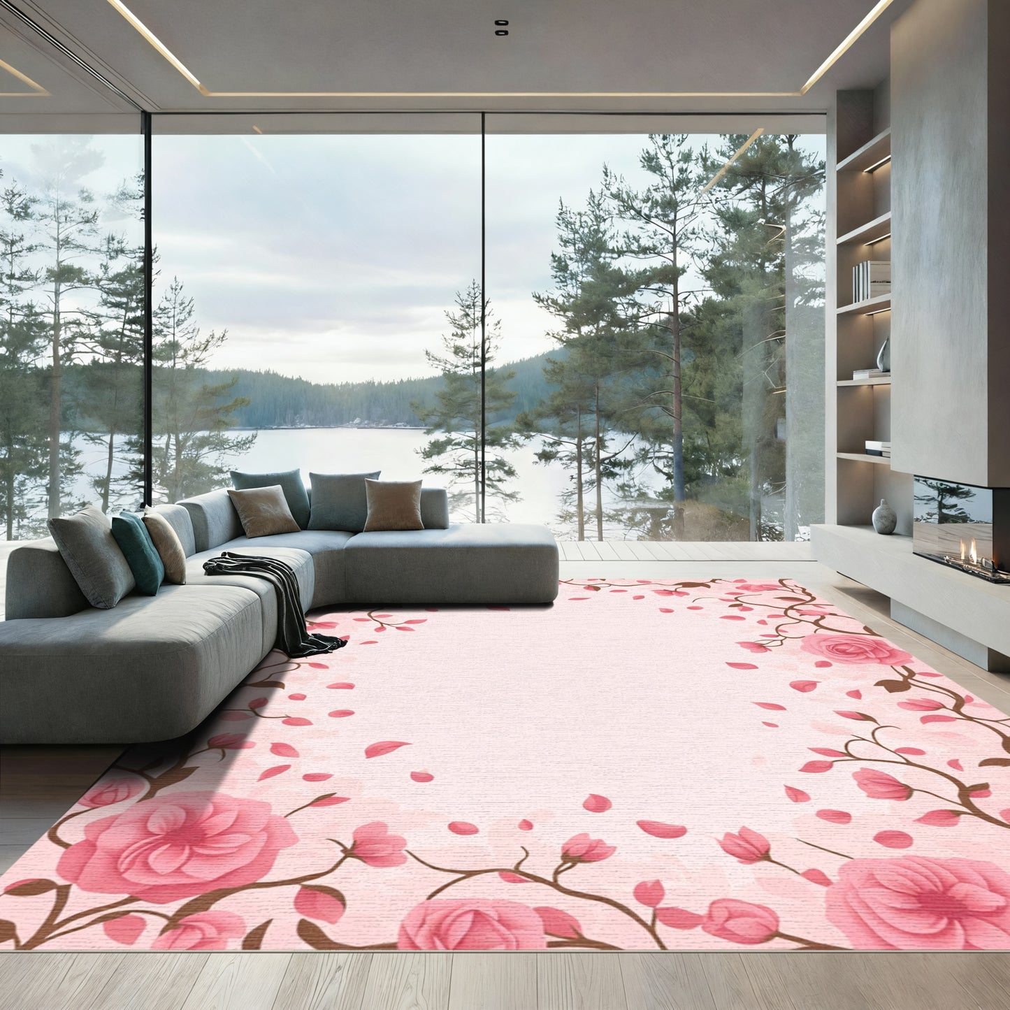 Pink Rose Vine Floral Border Rug