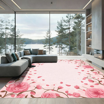 Pink Rose Vine Floral Border Rug