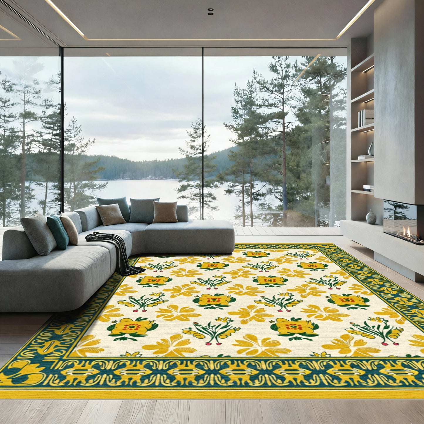 Golden Yellow Floral Bouquet Botanical Rug