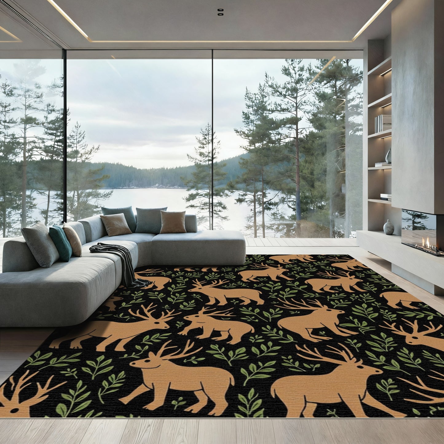 Brown Deer Woodland Meadow Black Rug