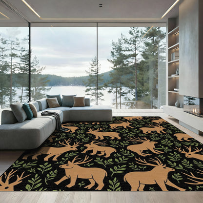 Brown Deer Woodland Meadow Black Rug