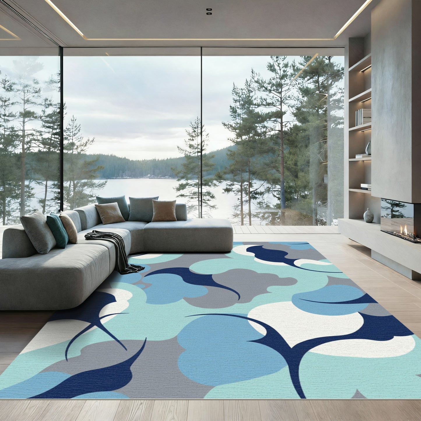 Abstract Blue Gray Organic Shapes Rug