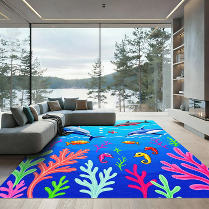Joyful Ocean Dolphins Seahorses Coral Rug