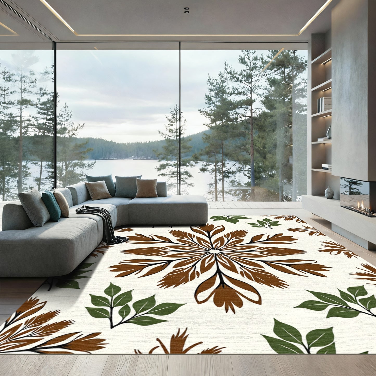 Brown Green Floral Mandala Rug