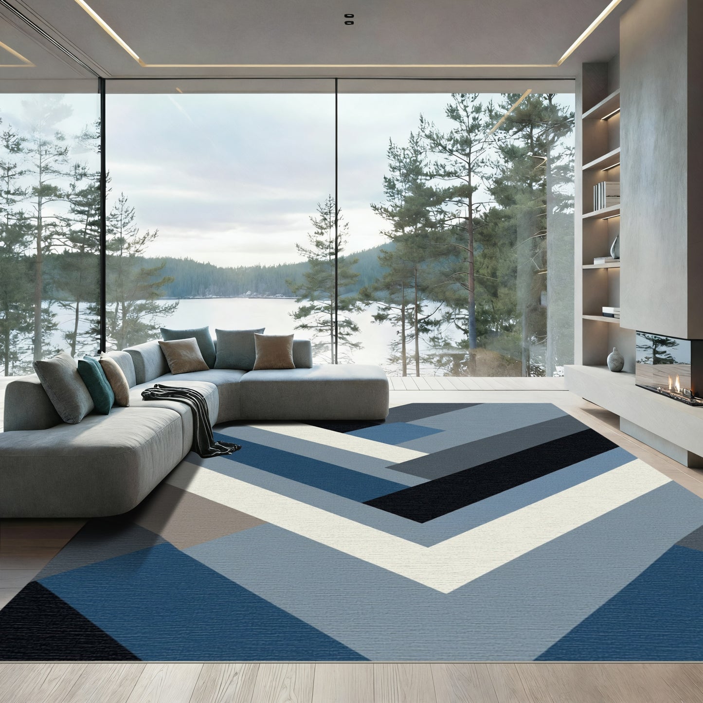 Modern Blue and Gray Geometric Weave Rug