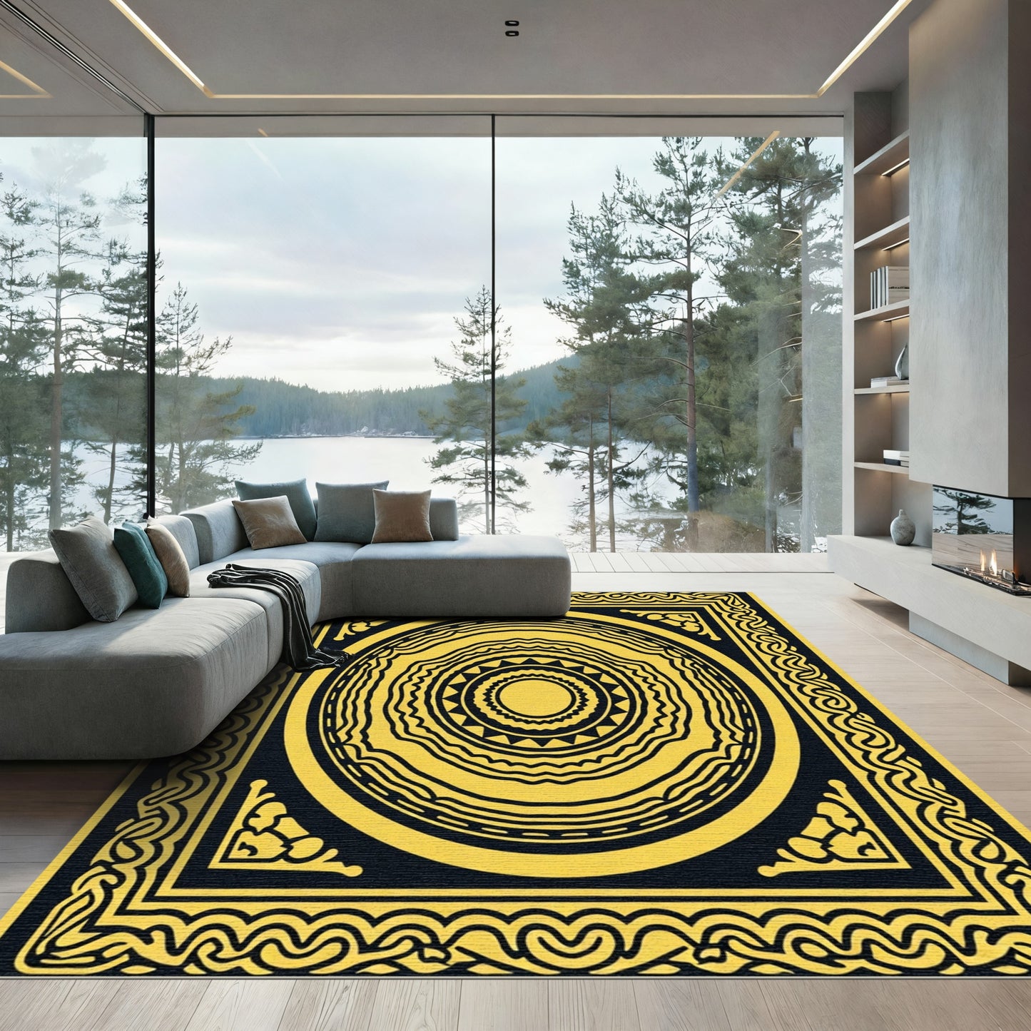 Golden Yellow Concentric Circles Frame Rug