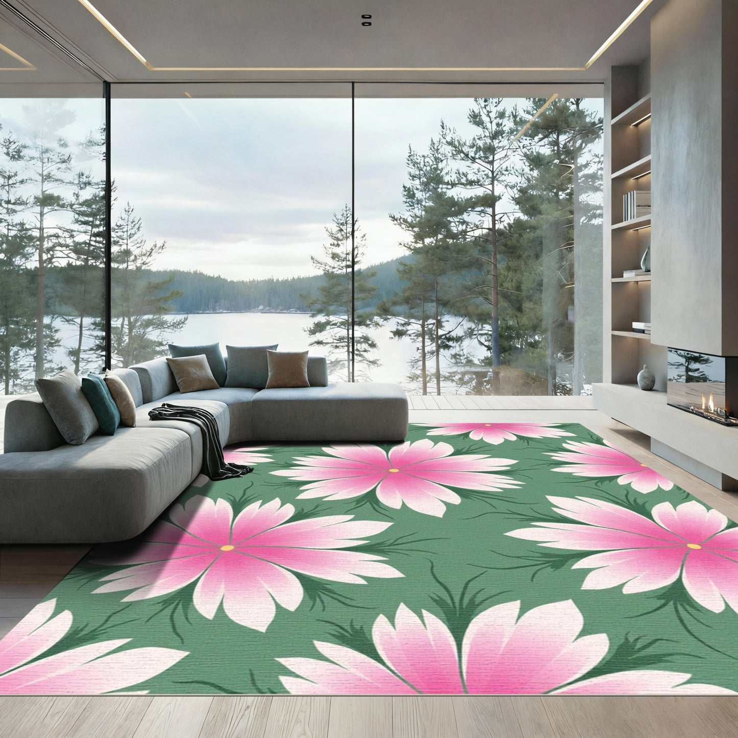 Pink Floral Garden Green Rug