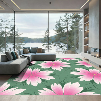 Pink Floral Garden Green Rug