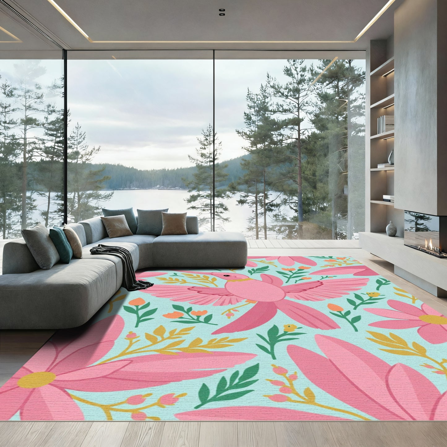 Pink Hummingbird And Floral Collage Rug