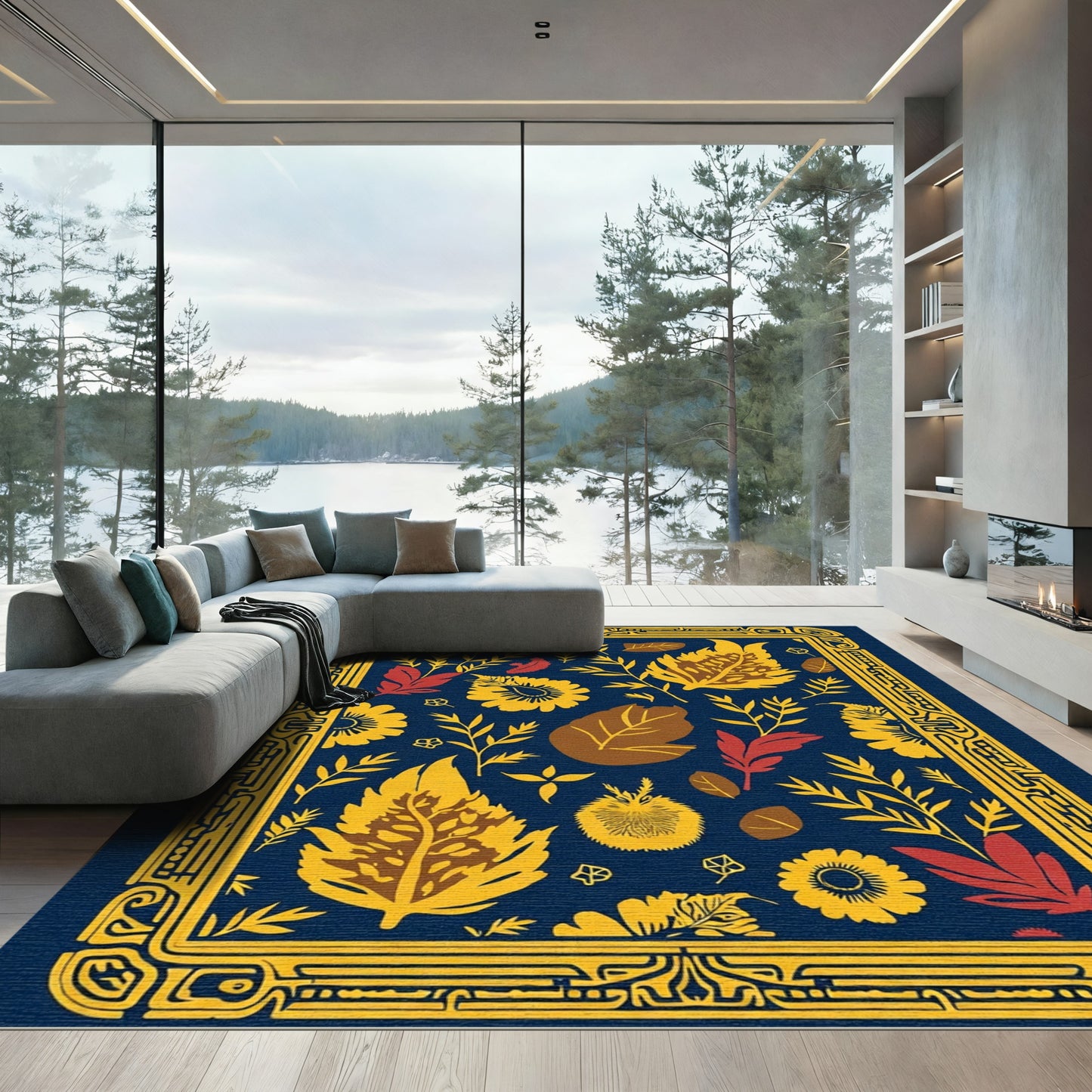 Navy Yellow Crimson Botanical Border Rug