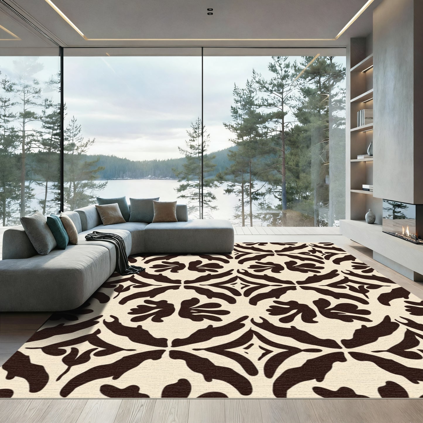 Cream Dark Brown Floral Damask Arrangement Rug