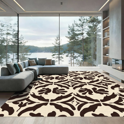 Cream Dark Brown Floral Damask Arrangement Rug
