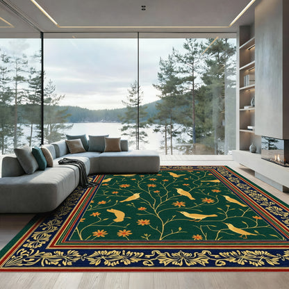 Golden Birds Orange Flowers Dark Green Rug