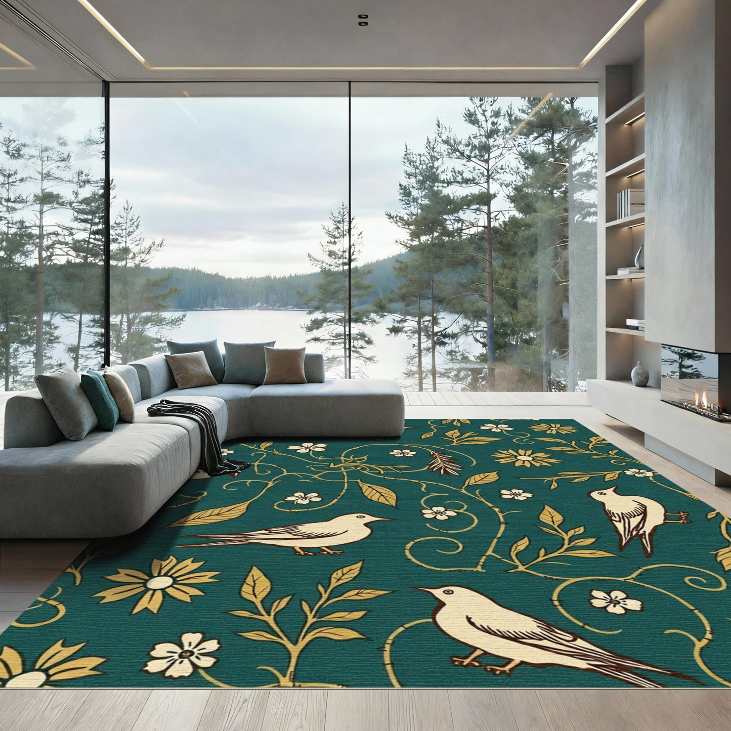 Cream Birds Floral Vines Teal Rug