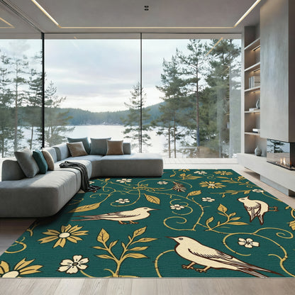Cream Birds Floral Vines Teal Rug