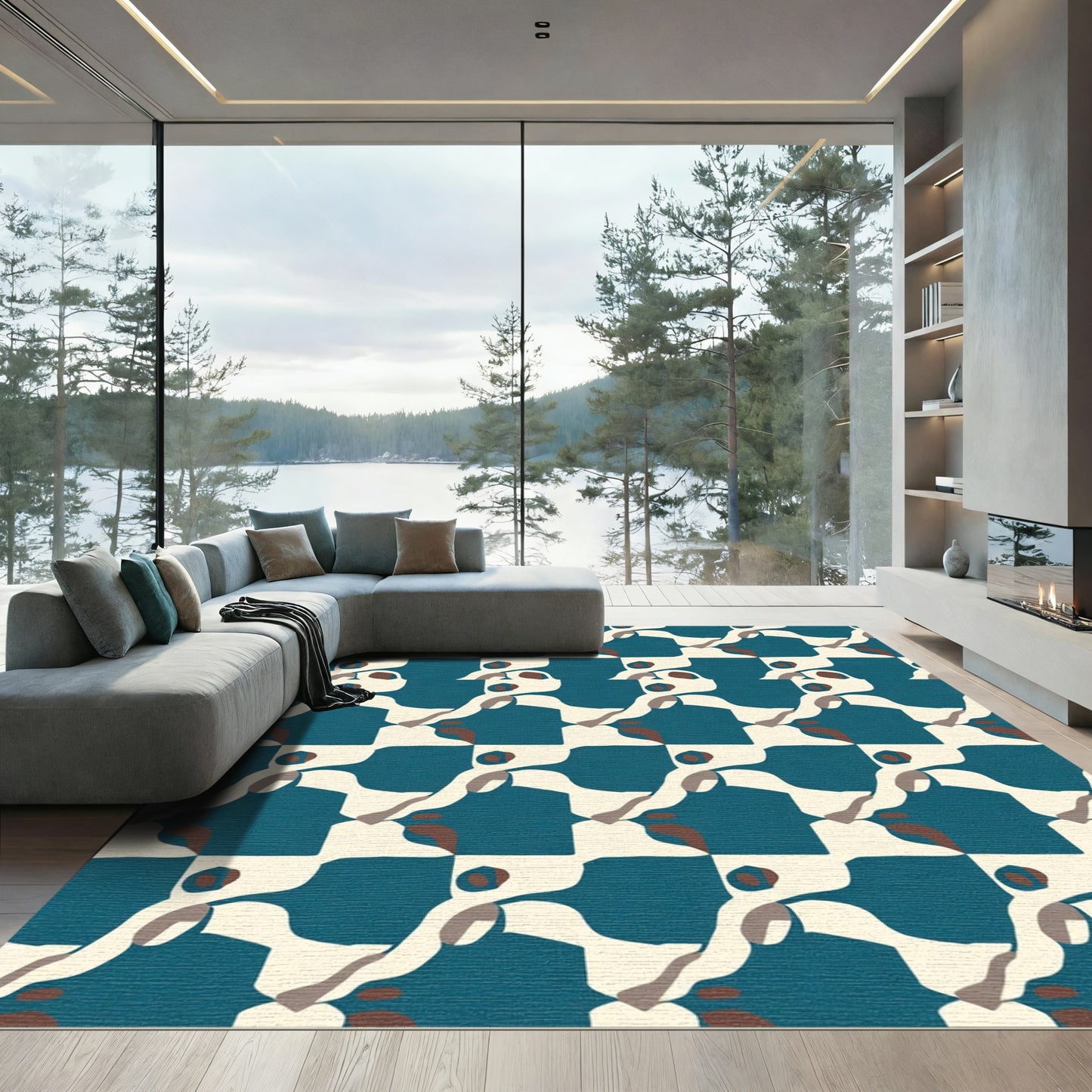 Teal Cream Abstract Organic Swirl Rug