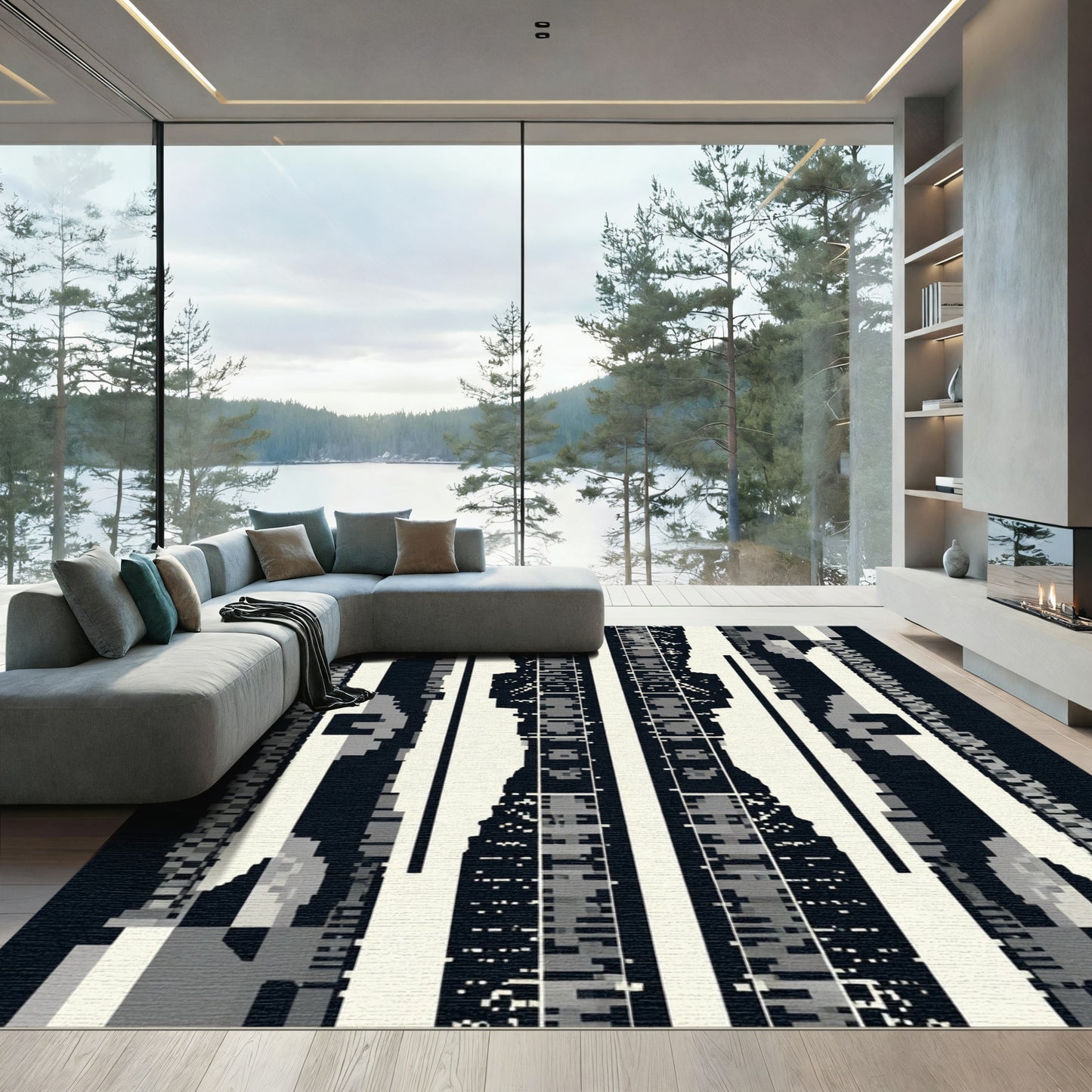 Monochrome Pixelated Column Rug