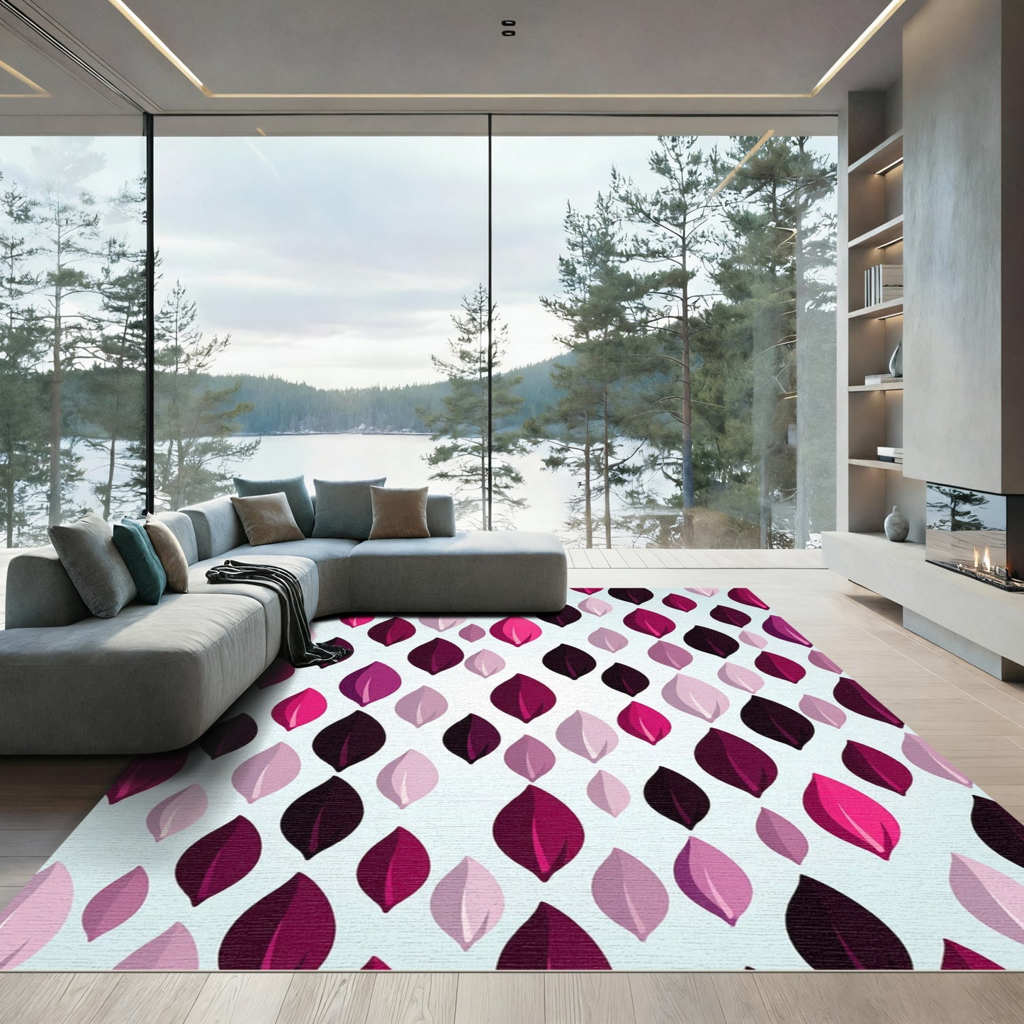 Deep Berry Pink Leafy Overlay Rug