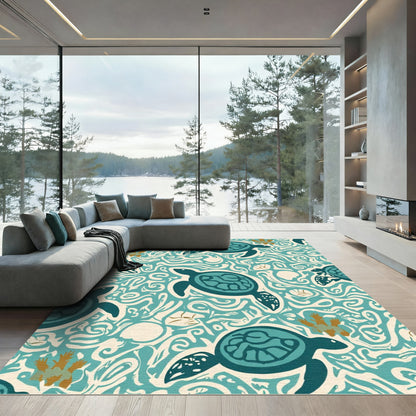 Teal Sea Turtle Abstract Ocean Swirls Rug