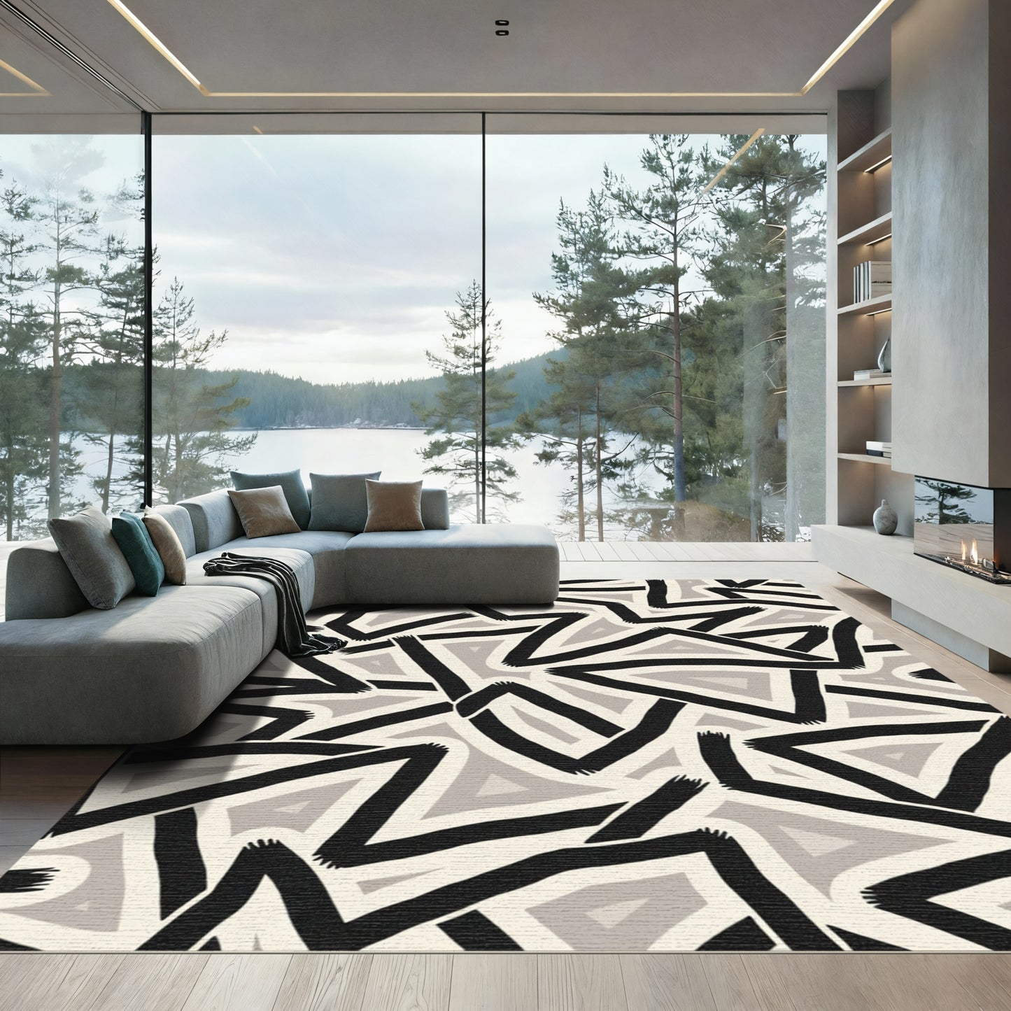 Bold Black Geometric Angles Rug