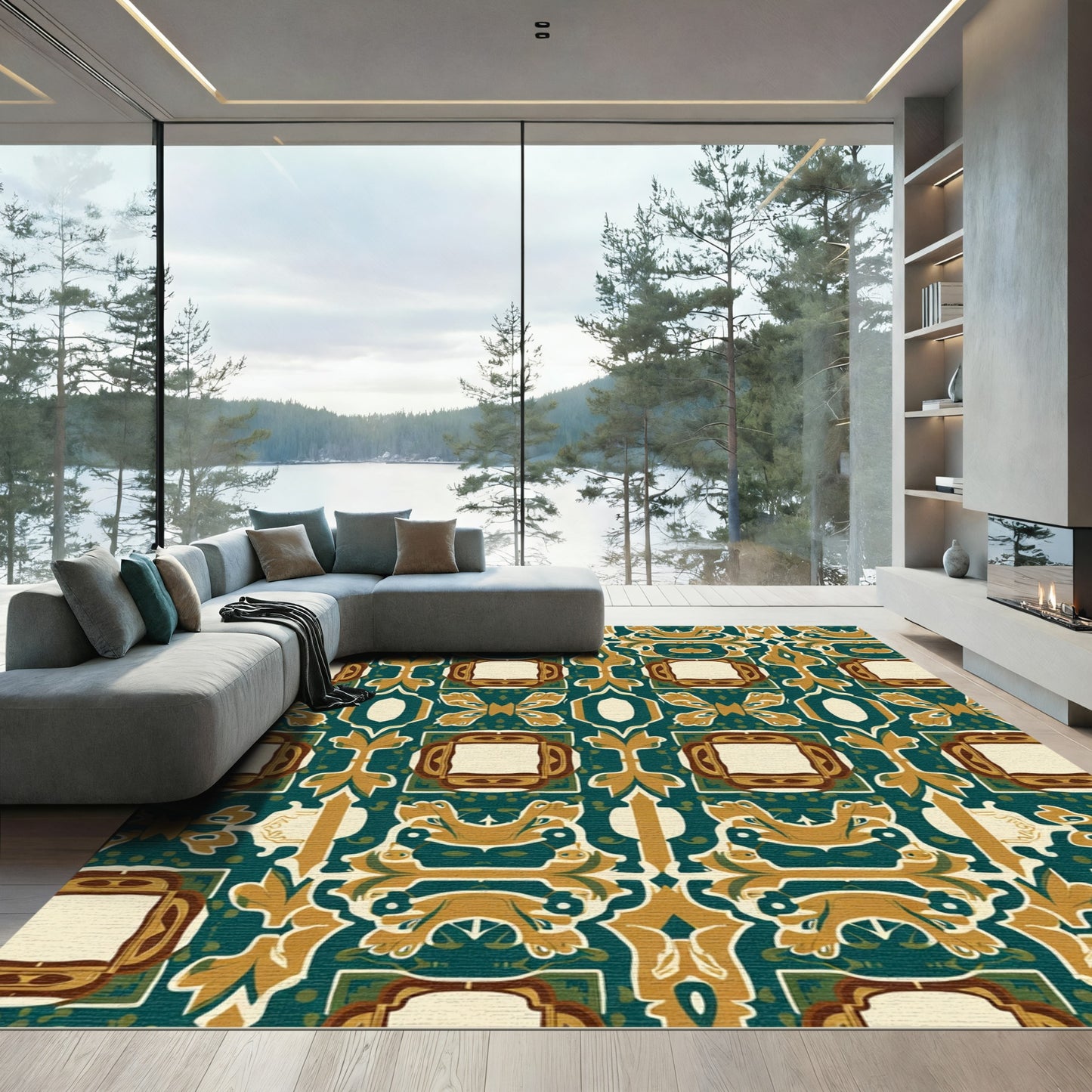 Ornate Teal and Gold Medallion Arrangement Rug