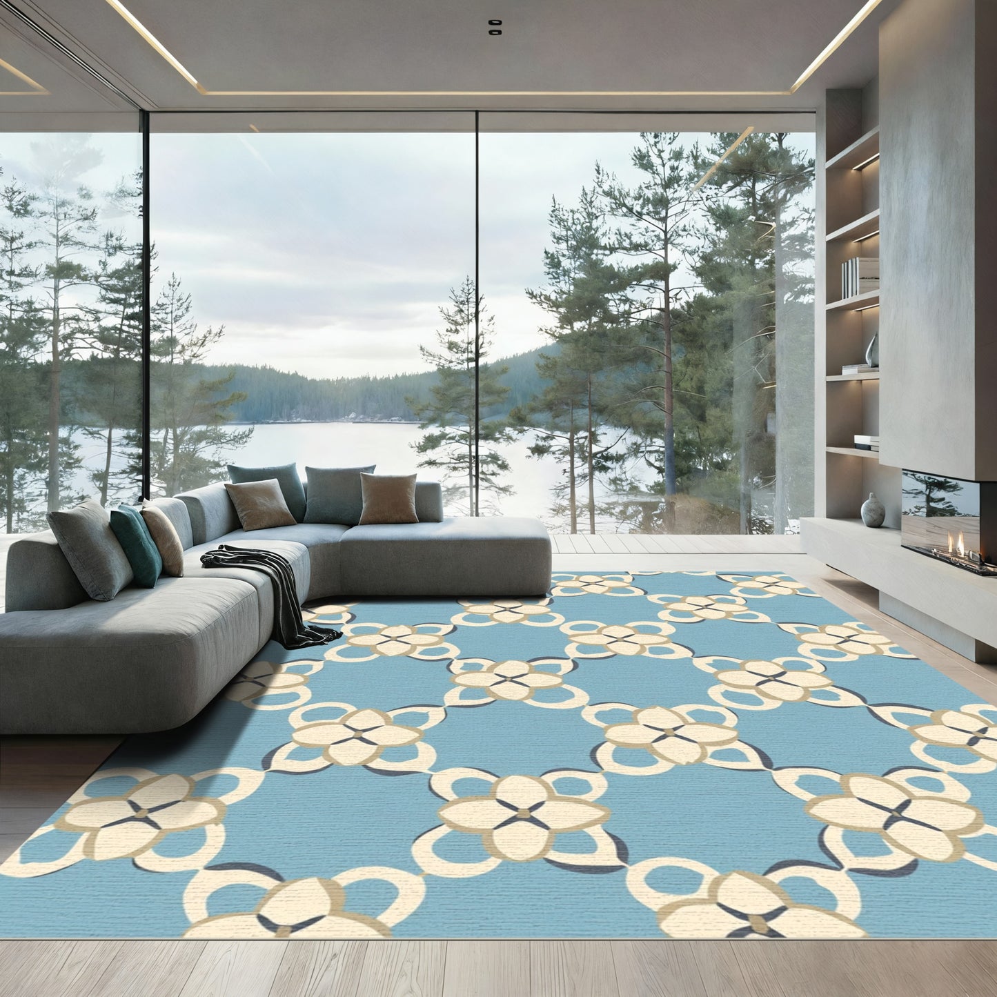 Light Blue Cream Quatrefoil Lattice Rug