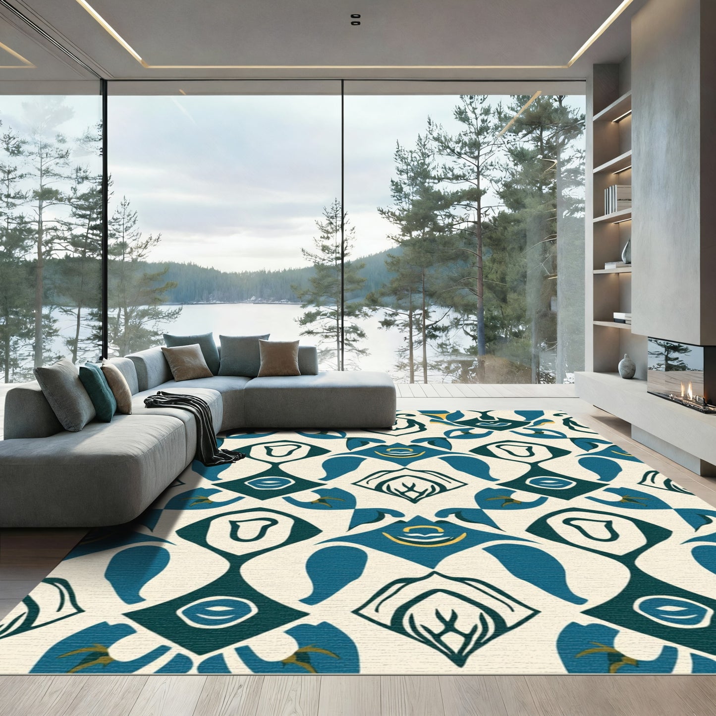 Teal Yellow Abstract Geometric Repeating Rug