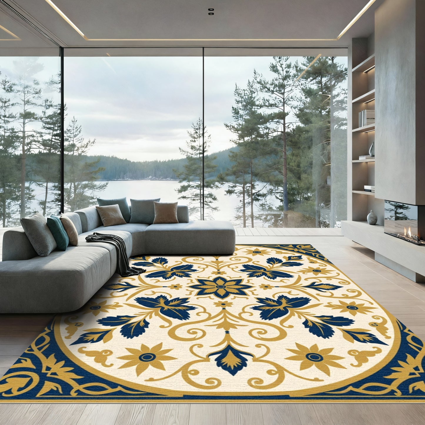 Navy Gold Floral Oval Medallion Rug