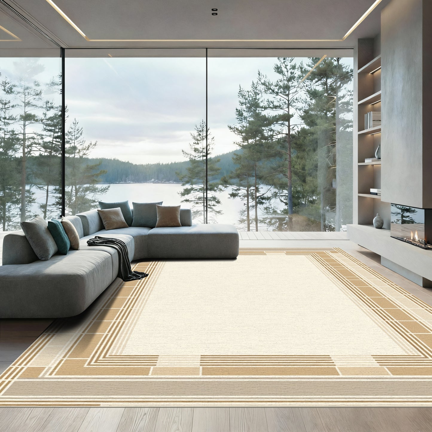 Neutral Tones Geometric Border Rug